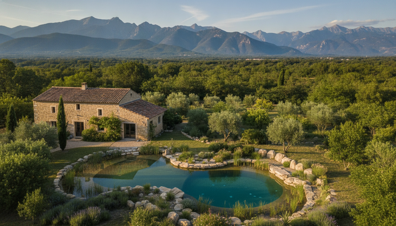 Piscine calme et paysage de gîte écologique au sud de Toulouse