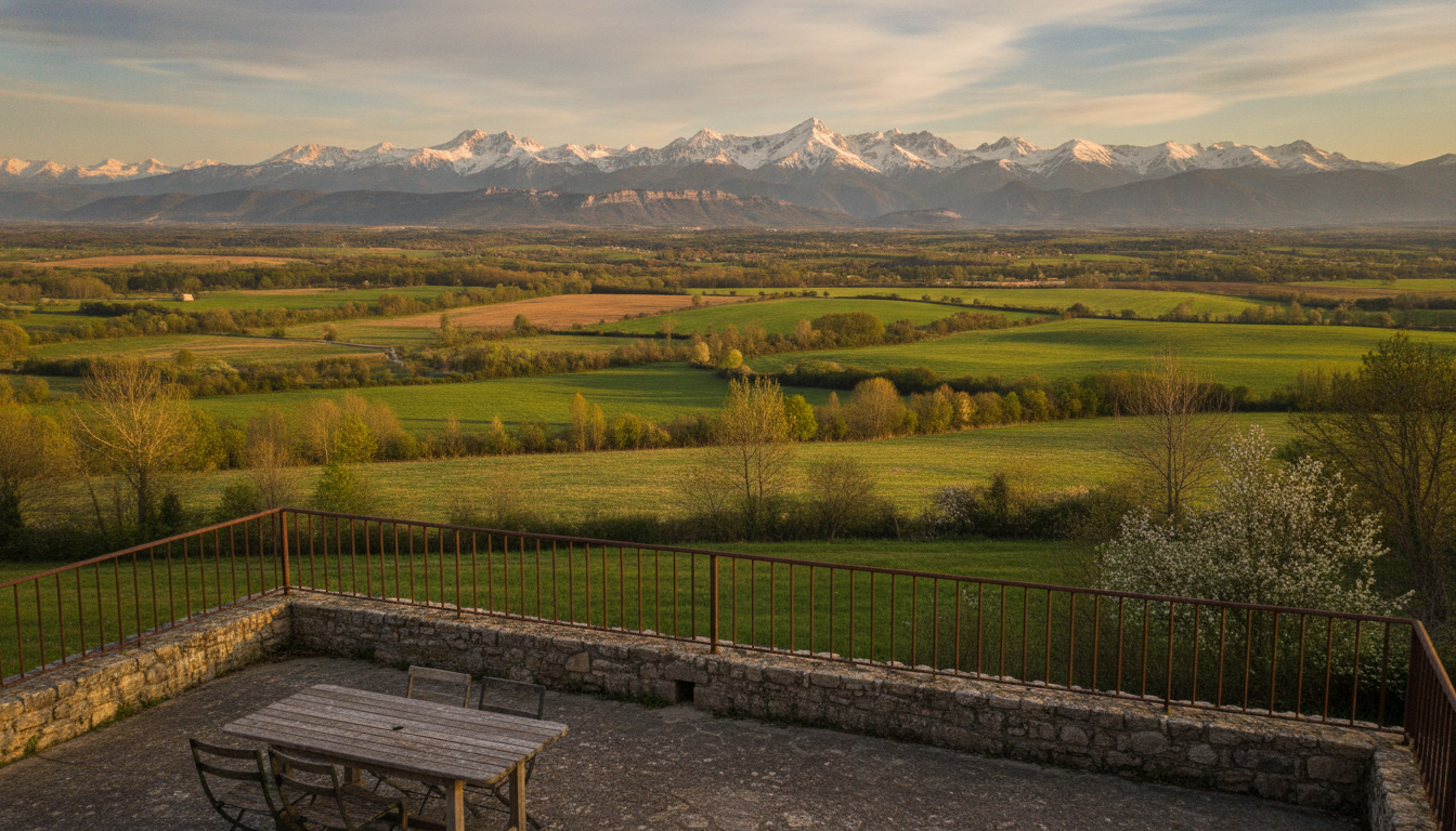 Vue sur les Pyrénées depuis la campagne au sud de Toulouse